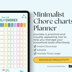 Puede incluir: Un planificador digital con una plantilla de tabla de tareas semanales colorida. La tabla está dividida en días de la semana y tiene espacio para escribir tareas. El texto "Dave Loeb WEEKLY CHORES" está en la parte superior de la tabla. El texto "ENHANCED PRODUCTIVITY" está en un botón amarillo. El texto "©JustCraftWithMe" está en la parte inferior de la imagen.