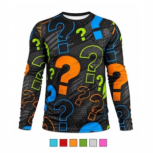 May include: A long-sleeve crew neck shirt featuring a black base with a repeating pattern of question marks in vibrant orange, lime green, and bright blue. The design includes textured gray and black background elements and a white collar trim.