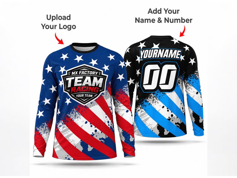 K&ouml;nnte beinhalten: Lang&auml;rmeliges Rennjersey mit patriotischem Design. Die Vorderseite zeigt ein blaues Feld mit wei&szlig;en Sternen und rot-wei&szlig;en Streifen. Die R&uuml;ckseite ist schwarz mit blauen Streifen und Platz f&uuml;r Namen und Nummer. Das Trikot tr&auml;gt den Text "MX FACTORY TEAM RACING".