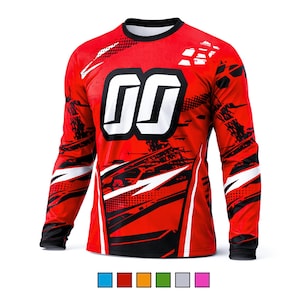 May include: Red long-sleeve jersey with black and white accents. The jersey features the number "00" in large white block letters. The design includes a black collar and cuffs. The jersey is likely for sports or racing.