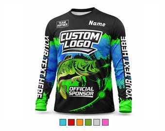 Personalisiertes Jersey mit Name und Logo | UPF 50+ Bass-Turnier-Shirt | Personalisierte Langarm-Boot-Fischerbekleidung | Kleinkind Jugend Erwachsene