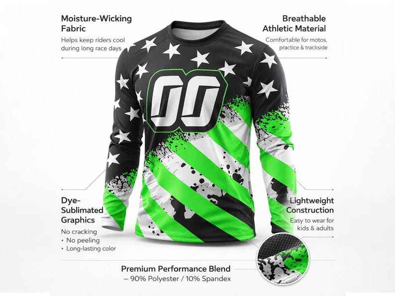 K&ouml;nnte beinhalten: Schwarzes Langarm-Sportshirt mit wei&szlig;en Sternen und gr&uuml;n-wei&szlig;en Streifen. Das Shirt hat die Nummer "00" in Wei&szlig; und besteht aus feuchtigkeitsableitendem, atmungsaktivem Material. Leichte Konstruktion f&uuml;r Kinder und Erwachsene.