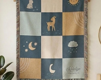 Custom Scripture Baby Blanket, Woven Name Personalized Baby Quilt, Animal Blanket, Shower Gift, Newborn Baby, Christian Keepsake Heirloom