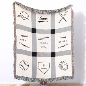 Custom Baseball Blanket, Personalized Name Woven Throw, Baseball Lover Gift for Him, Boy Birthday, Sport Themed Bedroom Decor, Kids Blanket