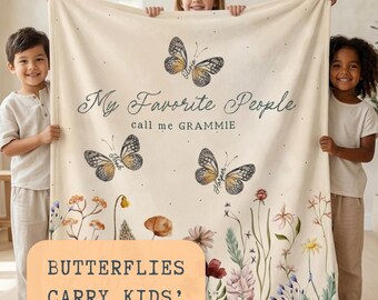 Personalized Grandma Blanket with Grandkids Names, Custom Mimi Butterfly Wildflower Gift, Nana Plush Throw, Mother's Day Velveteen Soft Cozy