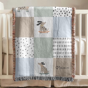 Custom Baby Blanket, Woven Personalized Baby Name, Dog Animal Blanket, Shower Gift, Newborn Quilt, Keepsake Heirloom for New Girl Boy