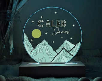 Name Night Light Custom | Mountains Moon Stars, Boho Nature Acrylic Circle Plaque, New Baby Shower Boy Girl, Birthday Gift, Unique Christmas