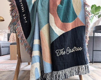 Modern Christian Abstract Woven Blanket, Personalized Bible Verse Scripture w/ Family or Couple Name, Unique Housewarming or Wedding Gift