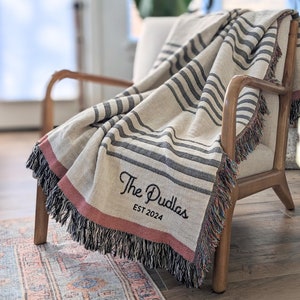 Personalized Woven Throw Blanket | Modern Boho Stripes, Unique Gift for Wedding Engagement Anniversary Keepsake, Family or Couple Last Name