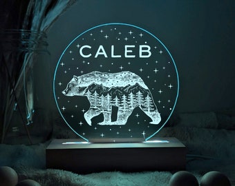 Lámpara de noche acrílica personalizada, decoración neutra para dormitorio infantil con temática de montaña y naturaleza, regalo de cumpleaños para niña o niño, bonita lámpara LED con nombre personalizado.