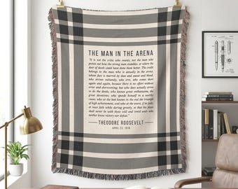 The Man in the Arena by Theodore Roosevelt Woven Throw Blanket Wall Tapestry, Inspirational Quote, High School College Graduation Gift Him