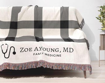 Personalized Doctor Gift for Medical School Graduation Gift or Doctors' Day Appreciation Gift, Custom Plaid Woven Name Blanket for Physician
