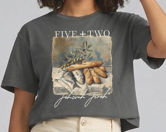 Five Loaves + Two Fish Christian T-Shirt Bible Verse Crewneck Tee to Share Jesus Gospel, Comfort Colors ® Boxy Tee Christian Apparel Gift