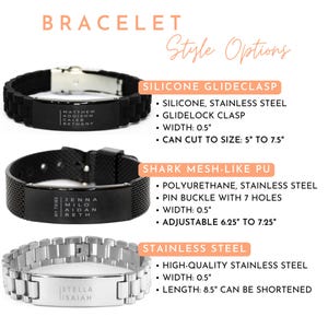 May include: Three personalized bracelets with different styles are displayed. The first is black silicone with a stainless steel clasp. The second is a black shark mesh-like PU with a pin buckle. The third is stainless steel, 8.5 inches long.