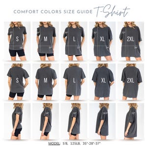 May include: Size guide for t-shirts in sizes S, M, L, XL, and 2XL. The model is 5'8" and 125 lbs. The measurements are in inches.