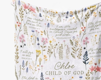 Personalized Christian Gift for Women + Girls Floral Bible Verse Blanket Child of God Custom Name Scripture Throw Birthday Gift Mom Daughter