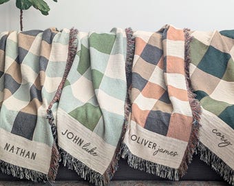 Custom Boy Blanket, Woven Cotton Checkered Name Throw for Adult Kids Babies, Unique Personalized Birthday or Christmas Gift for Him