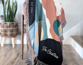 Modern Abstract Woven Throw Blanket, Personalized Family or Couple Name, Unique Housewarming, Engagement or Wedding Anniversary Gift