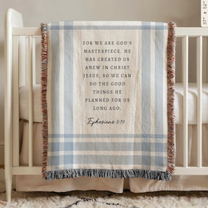 Personalized Baby Woven Scripture Blanket | Custom Baptism Gift for Boy or Girl, Modern Christian Nursery Decor, Heirloom Bible Verse Throw