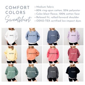 May include: A collection of 12 crew neck sweatshirts in various colors, including white, blue jean, denim, orchid, butter, terracotta, watermelon, crimson, light green, blue spruce, pepper, and black. The sweatshirts are all relaxed fit and have a rolled-forward shoulder.