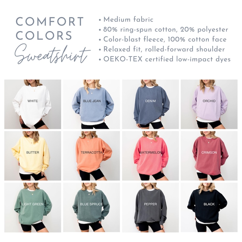 May include: A collection of 12 crew neck sweatshirts in various colors, including white, blue jean, denim, orchid, butter, terracotta, watermelon, crimson, light green, blue spruce, pepper, and black. The sweatshirts are all relaxed fit and have a rolled-forward shoulder.