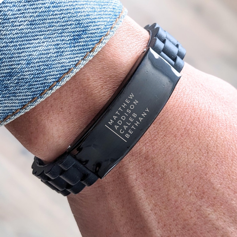Personalized Gift for Him, Engraved Custom ID Bracelet, Adjustable Minimalist Black Birthday Gift, Father's Day Gift, Christmas, Anniversary Silicone Glideclasp