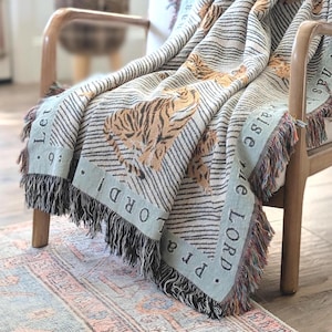Christian Scripture Blanket | Psalm 150:6 Let Everything That Has Breath Praise the Lord Heirloom Woven Tiger Throw Blanket Bible Tapestry