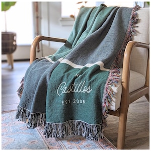 May include: A green and gray woven throw blanket with fringe. The blanket has a white stripe and the text "Castillos Est 2008" embroidered on it.