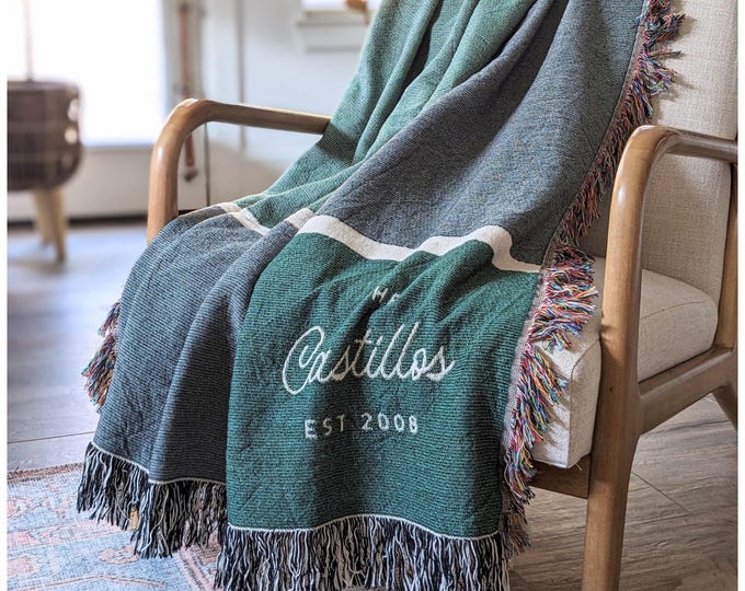 Personalized Woven Throw Blanket | Modern Plaid, Unique Custom Gift for Wedding Engagement Anniversary Keepsake, Family or Couple Last Name