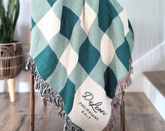 Woven Throw Blanket | Modern Checkered, Unique Custom Gift for Wedding Engagement Cotton Anniversary Keepsake, Family or Couple Last Name