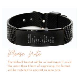 May include: Black mesh bracelet with a rectangular plate engraved with the words "MY CREW" and names: PETER, ANDREW, JAMES, JOHN, PHILIP, BART, MATTHEW, THOMAS, JAMES, SIMON, JUDAS, JUDAS. The bracelet has a clasp closure.