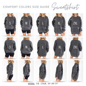 May include: Size guide for a gray sweatshirt in sizes S, M, L, XL, and 2XL. The model is wearing a gray sweatshirt and black shorts. The measurements of the sweatshirt are shown in inches.