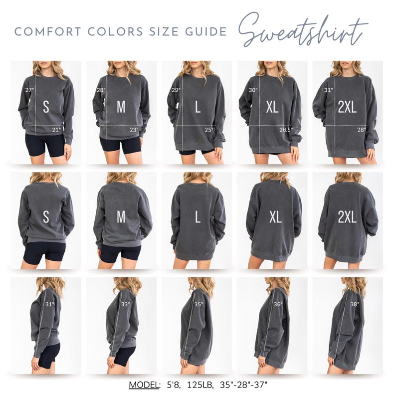 May include: Size guide for a gray sweatshirt in sizes S, M, L, XL, and 2XL. The model is wearing a gray sweatshirt and black shorts. The measurements of the sweatshirt are shown in inches.