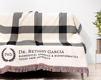 Personalized Doctorate Graduation Blanket, Custom Plaid Woven Throw with Name, Degree & University, Doctoral Grad Gift, PhD DBA JD EdD
