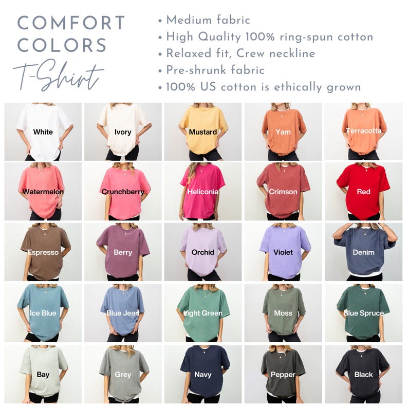 以下が含まれることがあります： 白、アイボリー、マスタード、赤など、さまざまな色のComfort Colors Tシャツの品揃え。各シャツの下に色の名前が表示されています。画像には「Comfort Colors T-Shirt」というテキストも含まれています。