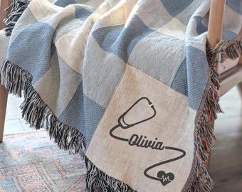 Custom Nurse Gift Blanket | Personalized Woven Modern Checkered Throw Blanket, Unique Gift for Women Nursing School Graduate, RN Graduation