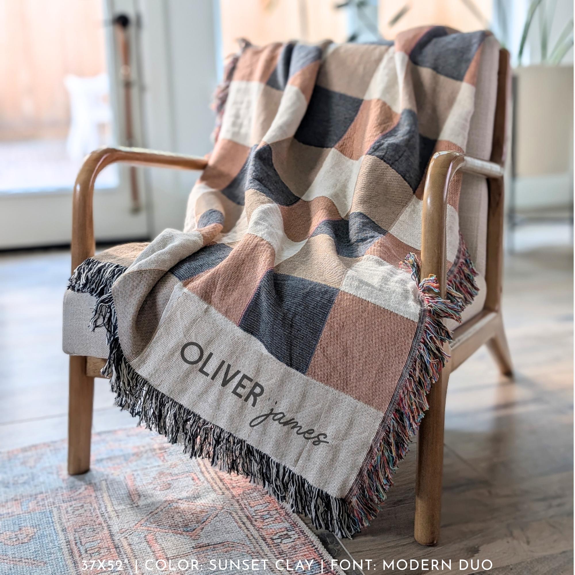 Personalized Woven Throw | Modern Checkered Blanket, Name Gift for Him, Christmas Gift for Kids, Birthday Present for Teenage Son
