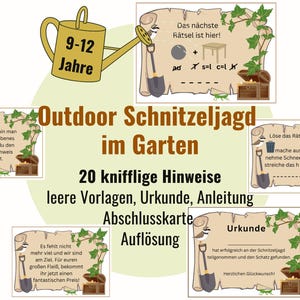 Könnte beinhalten: Ein druckbarer Satz von 20 Schnitzeljagd-Hinweisen für Kinder im Alter von 9-12 Jahren. Die Hinweise sind für eine Outdoor-Gartenumgebung konzipiert und zeigen eine skurrile Illustration einer Gießkanne und eines Vogels. Der Text auf dem Bild lautet "Outdoor Schnitzeljagd im Garten".