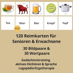 Könnte beinhalten: Ein Set aus 120 Reimkarten für Senioren und Erwachsene mit 30 Bildpaaren und 30 Wortpaaren. Die Karten zeigen Illustrationen von einer Tasse Tee, einem Stier, einem Bier, einem Knopf und einem Topf mit den entsprechenden deutschen Textbeschriftungen.