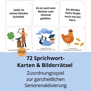 Seniorenspiel: Sprichwörter-Zuordnungsspiel, Karten und Bilderrätsel für Gedächtnistraining und Aktivierung, deutsch digital PDF