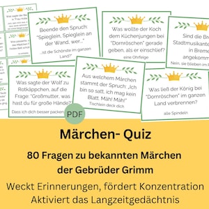 Märchenquiz Quizfragen Seniorenspiel, Märchen Gebrüder Grimm, Gedächtnistraining, Senioren,  Erinnerungsspiel, deutsch, digital, PDF Datei
