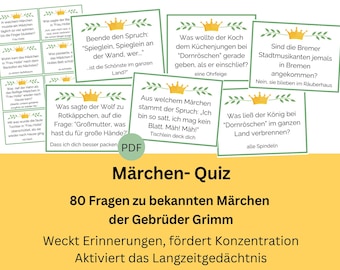 Märchenquiz Seniorenspiel Quizfragen Märchen Gebrüder Grimm, Gedächtnistraining, Senioren,  Erinnerungsspiel, deutsch, digital, PDF Datei