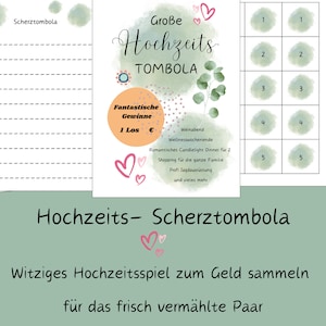 Könnte beinhalten: Ein druckbares Hochzeitsspiel mit grünem Aquarellhintergrund. Das Spiel heißt "Hochzeits-Scherztombola" und beinhaltet eine Liste von Preisen, ein nummeriertes Raster und Spielanweisungen. Das Spiel ist so konzipiert, dass es eine lustige und interaktive Möglichkeit ist, Geld für das frisch verheiratete Paar zu sammeln.