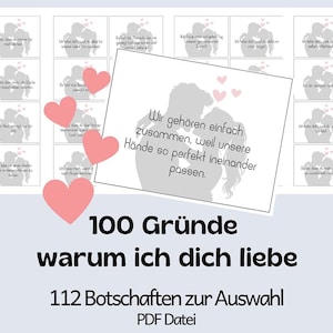 Könnte beinhalten: Ein druckbarer PDF-Download mit 100 Gründen, warum du jemanden liebst. Das Design zeigt ein Paar, das sich an den Händen hält, mit dem Text "Wir gehören einfach zusammen, weil unsere Hände so perfekt ineinander passen." Der Text "100 Gründe warum ich dich liebe" ist ebenfalls enthalten.