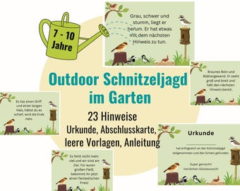 May include: A colorful printable set for an outdoor scavenger hunt for children ages 7-10. The set includes 23 clues, a certificate, a blank template, and instructions. The image shows a green watering can with the text "7-10 Jahre" and a variety of colorful illustrations of birds and nature.