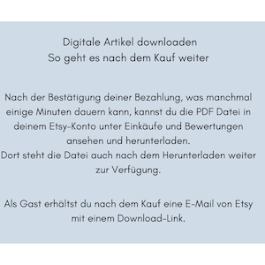 May include: A light blue background with a white circle and a brown circle. The text reads: "Digitale Artikel downloaden So geht es nach dem Kauf weiter Nach der Best&auml;tigung deiner Bezahlung, was manchmal einige Minuten dauern kann, kannst du die PDF Datei in deinem Etsy-Konto unter Eink&auml;ufe und Bewertungen ansehen und herunterladen. Dort steht die Datei auch nach dem Herunterladen weiter zur Verf&uuml;gung. Als Gast erh&auml;ltst du nach dem Kauf eine E-Mail von Etsy mit einem Download-Link."
