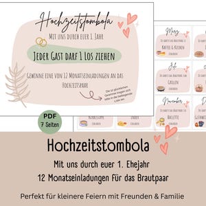 Hochzeitstombola 12 Einladungen, Tombola, Lose, Hochzeitsspiel mit uns durch euer 1. Ehejahr Jahr, Hochzeit, deutsch, digital, PDF Vorlage