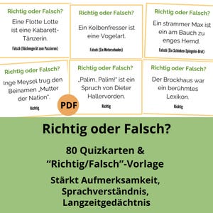 Könnte beinhalten: Ein Set aus 80 Quizkarten mit dem Titel Richtig oder Falsch, die verschiedene Wissensfragen und Antworten auf Deutsch enthalten. Die Karten zeigen Aussagen zu kulturellen Begriffen und Fakten, ergänzt durch ein PDF-Symbol und beschreibenden Text.