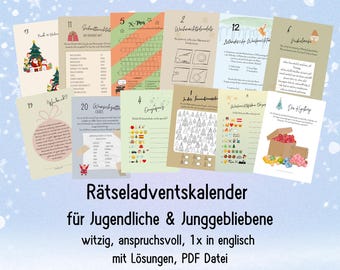 Rätsel Adventskalender für Jugendliche junge Erwachsene  Rätseladventskalender Quizfragen, deutsch PDF Datei digital ausdrucken