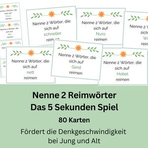 May include: A collection of flashcards for a rhyming game. Each card features a prompt to find two rhyming words. The cards are decorated with floral and leaf designs. The game is advertised as suitable for all ages.